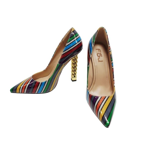 FSJ Womens Pointed Toe Chain Heel Striped Multicolor Pumps Size 8 - Picture 6 of 11